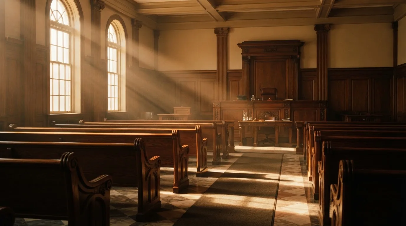 An empty courtroom with wooden benches in morning light