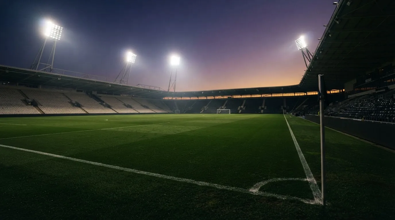 An empty football stadium with floodlight masts at dusk