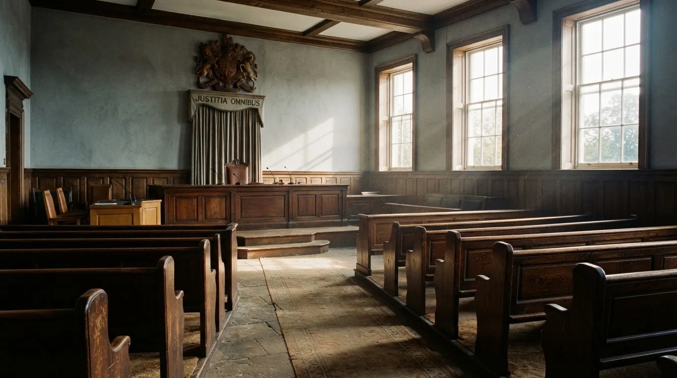 An empty courtroom with wooden benches in morning light