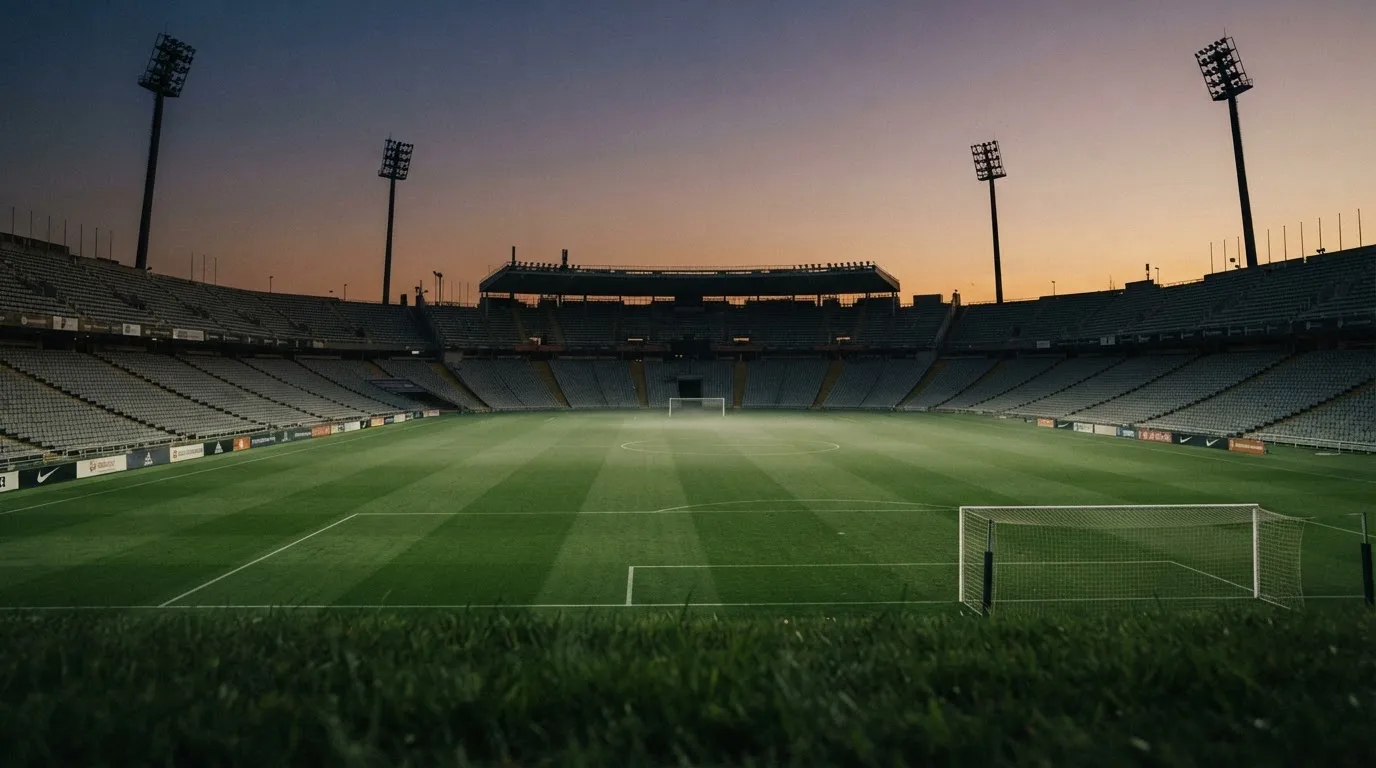 An empty football stadium with floodlight masts at dusk