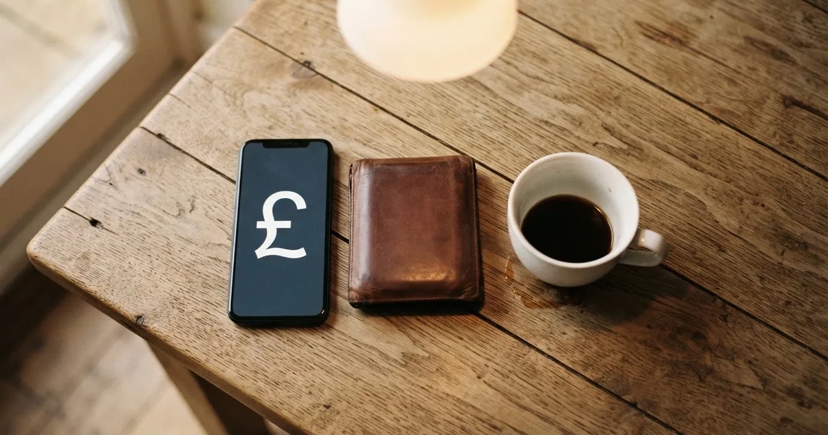 A smartphone on a wooden table beside a wallet and a coffee cup