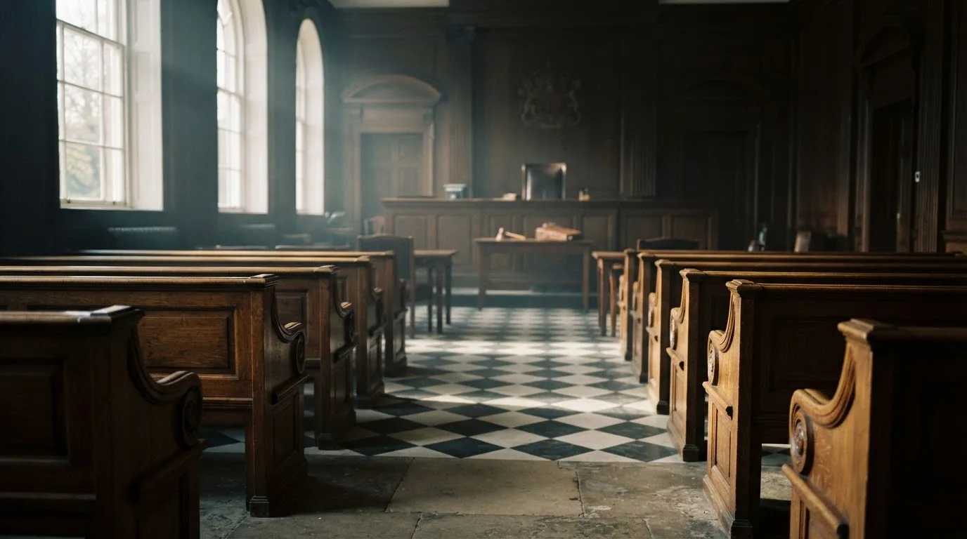 An empty courtroom with wooden benches in morning light