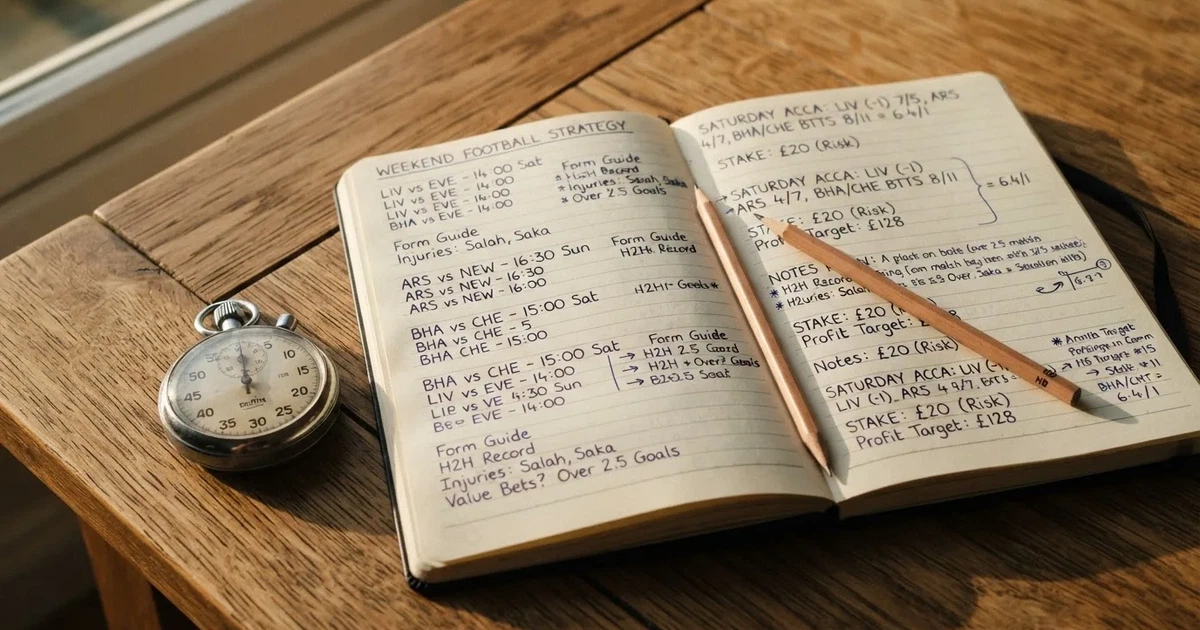 An open notebook with a pencil and a stopwatch on a wooden table