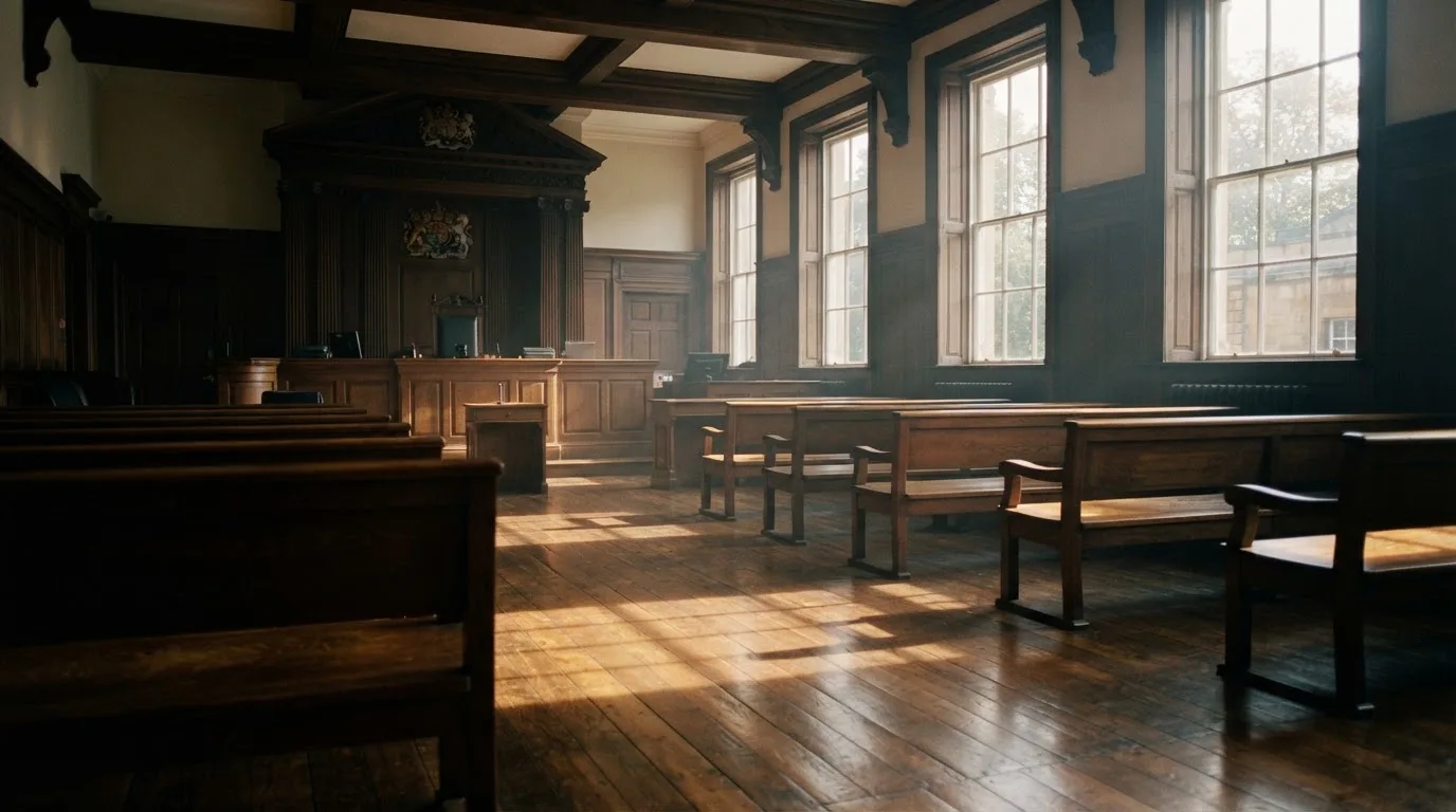 An empty courtroom with wooden benches in morning light