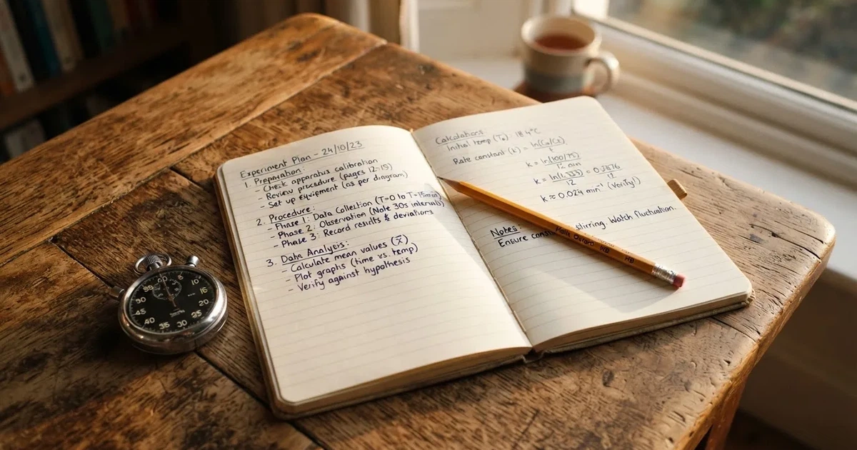 An open notebook with a pencil and a stopwatch on a wooden table