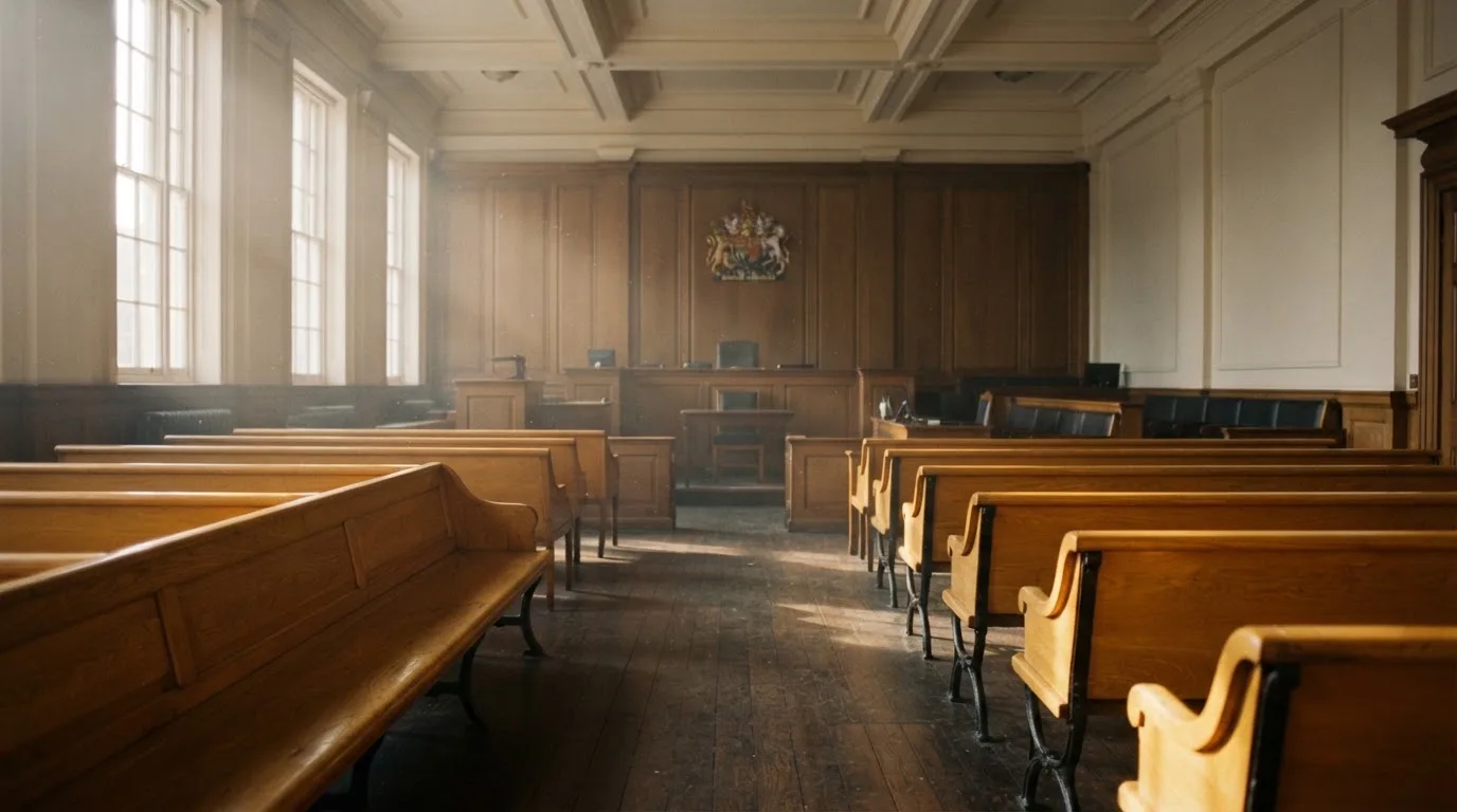 An empty courtroom with wooden benches in morning light