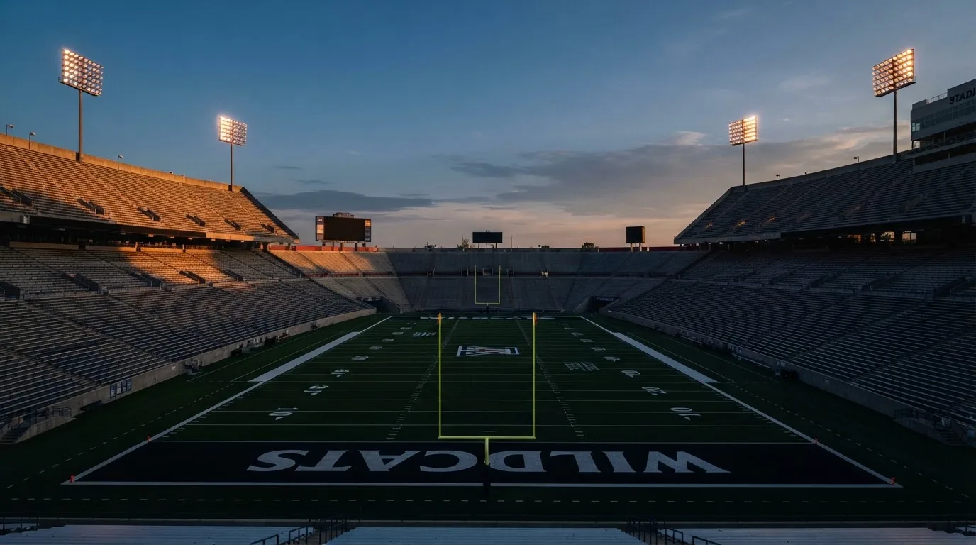 An empty football stadium with floodlight masts at dusk