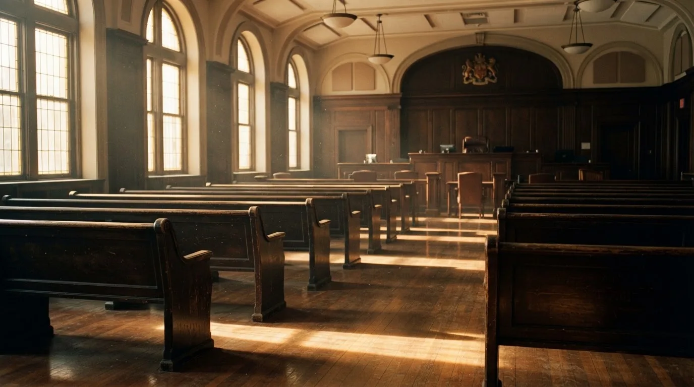 An empty courtroom with wooden benches in morning light