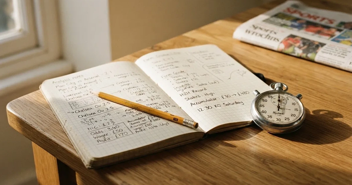 An open notebook with a pencil and a stopwatch on a wooden table