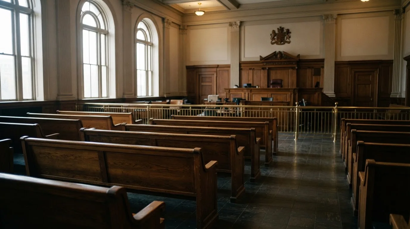 An empty courtroom with wooden benches in morning light