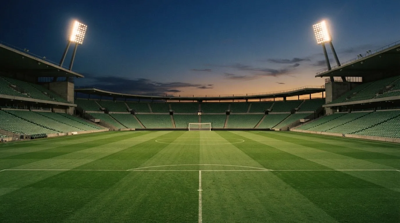 An empty football stadium with floodlight masts at dusk