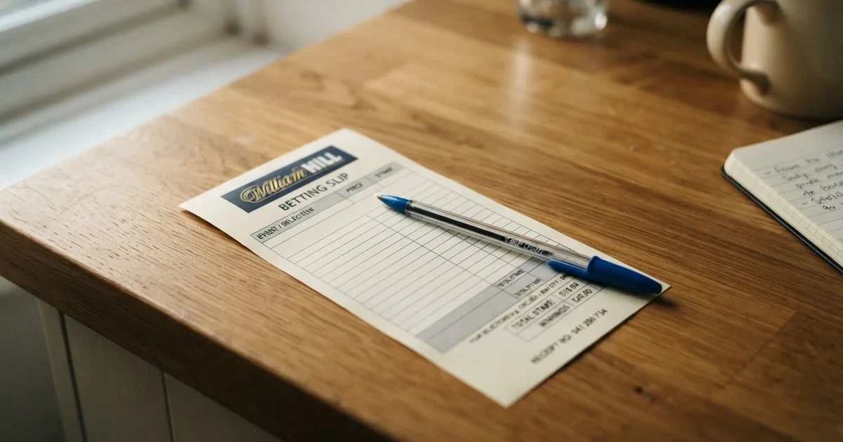A blank paper betting slip beside a pen on a wooden counter