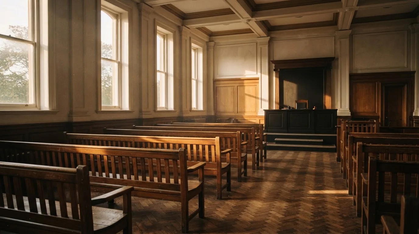 An empty courtroom with wooden benches in morning light