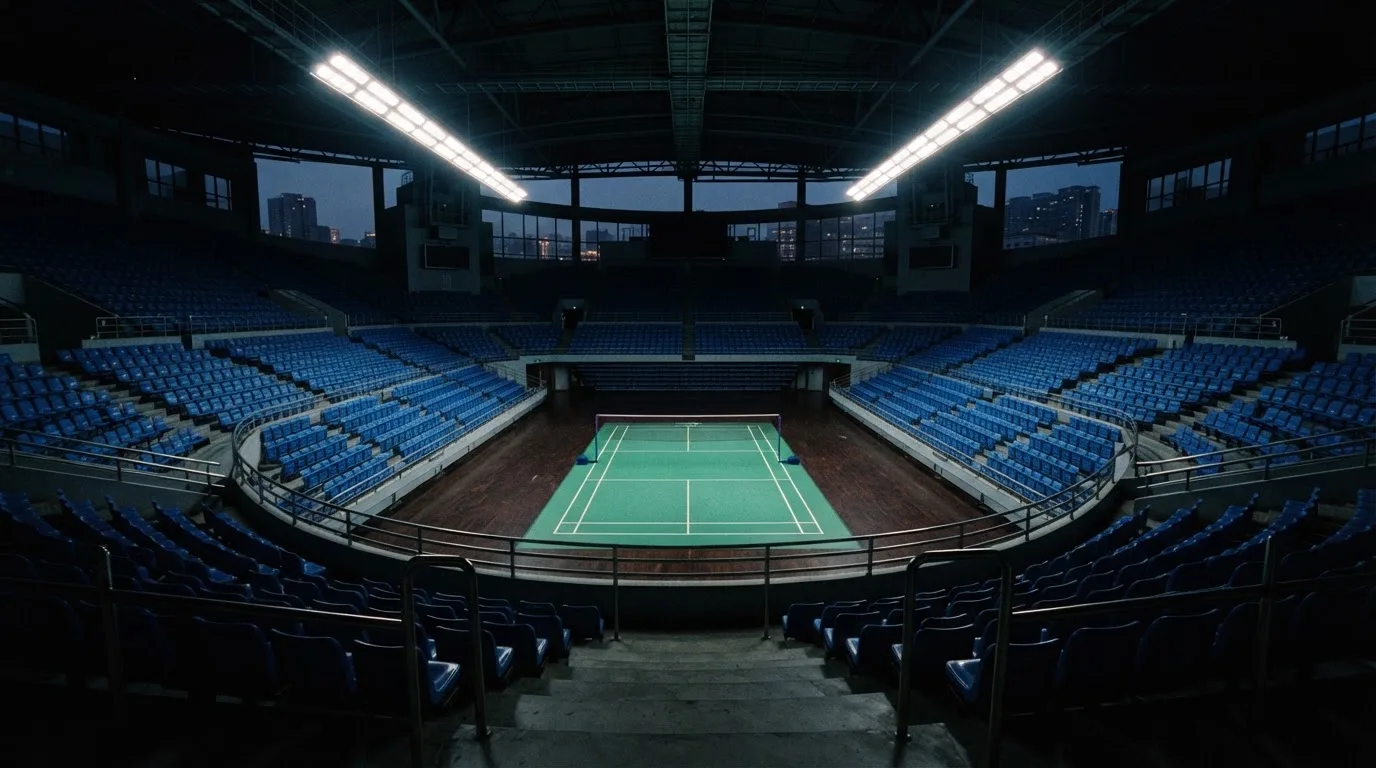 An empty football stadium with floodlight masts at dusk