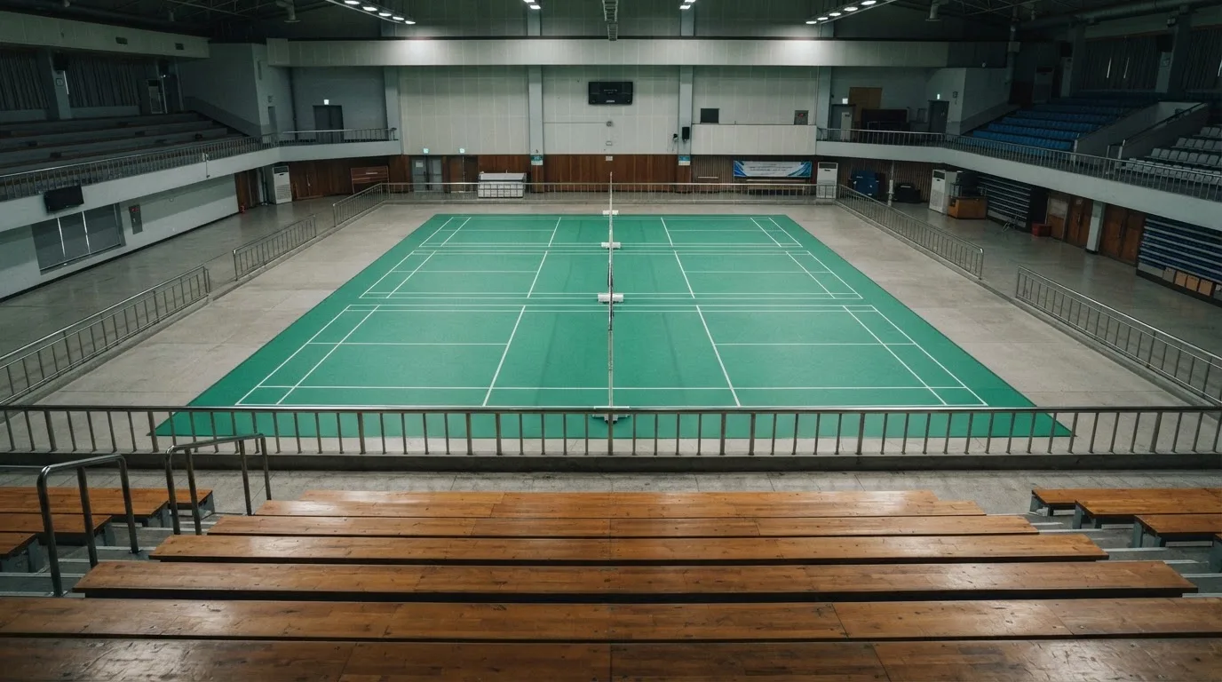 An empty courtroom with wooden benches in morning light