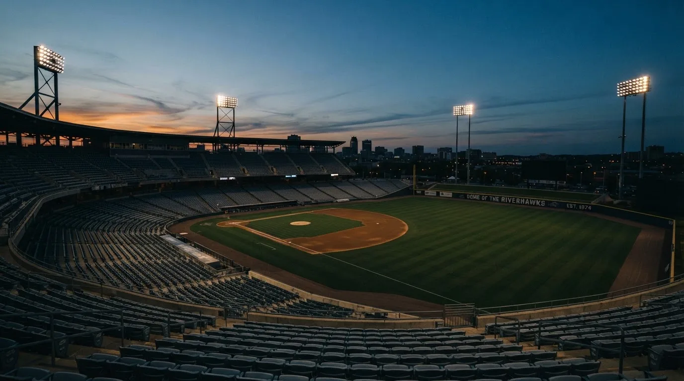 An empty football stadium with floodlight masts at dusk