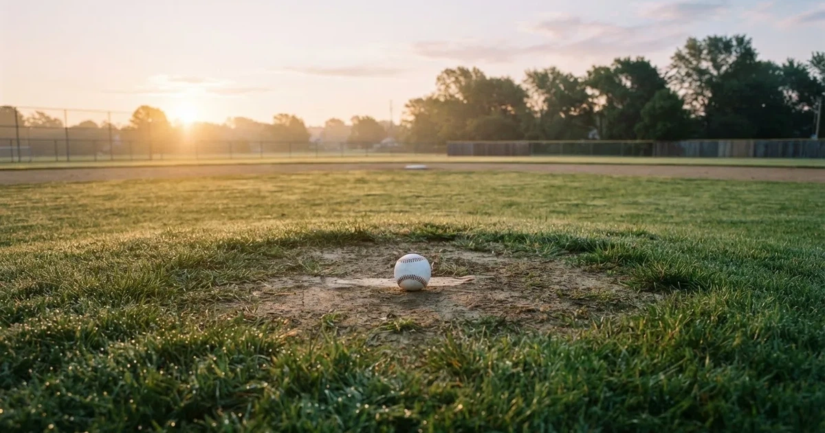 A ball on the centre spot of a grass pitch in morning light
