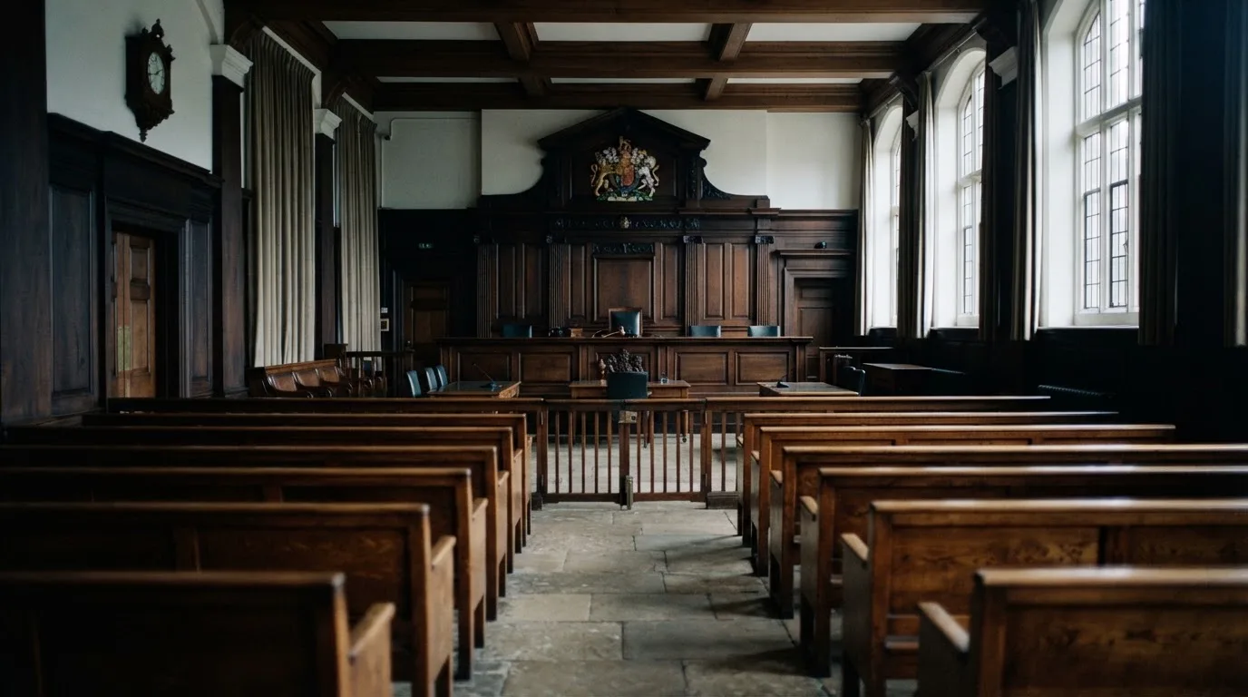 An empty courtroom with wooden benches in morning light
