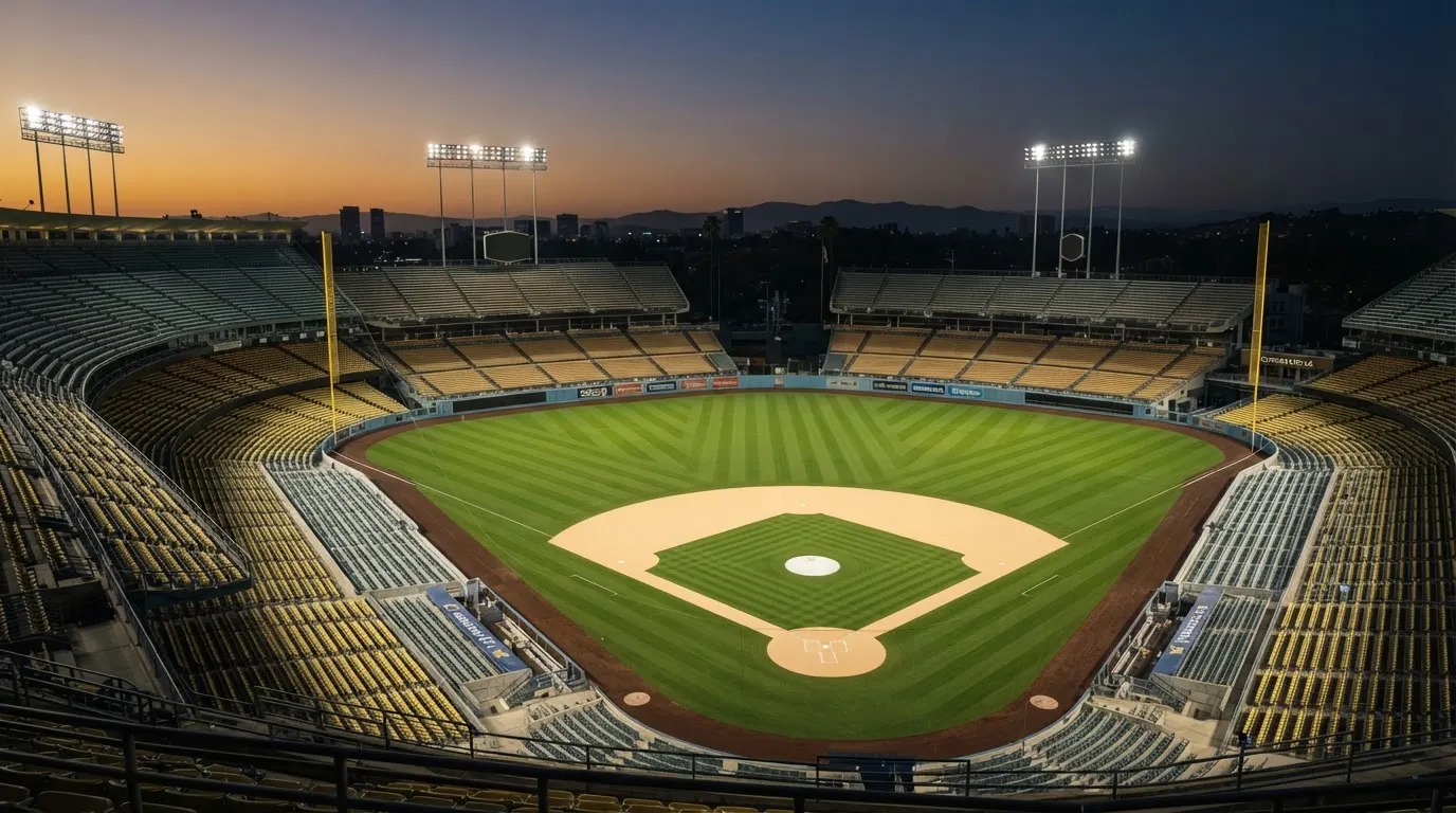 An empty football stadium with floodlight masts at dusk