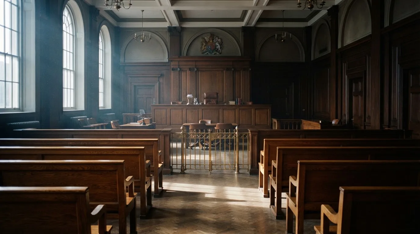 An empty courtroom with wooden benches in morning light