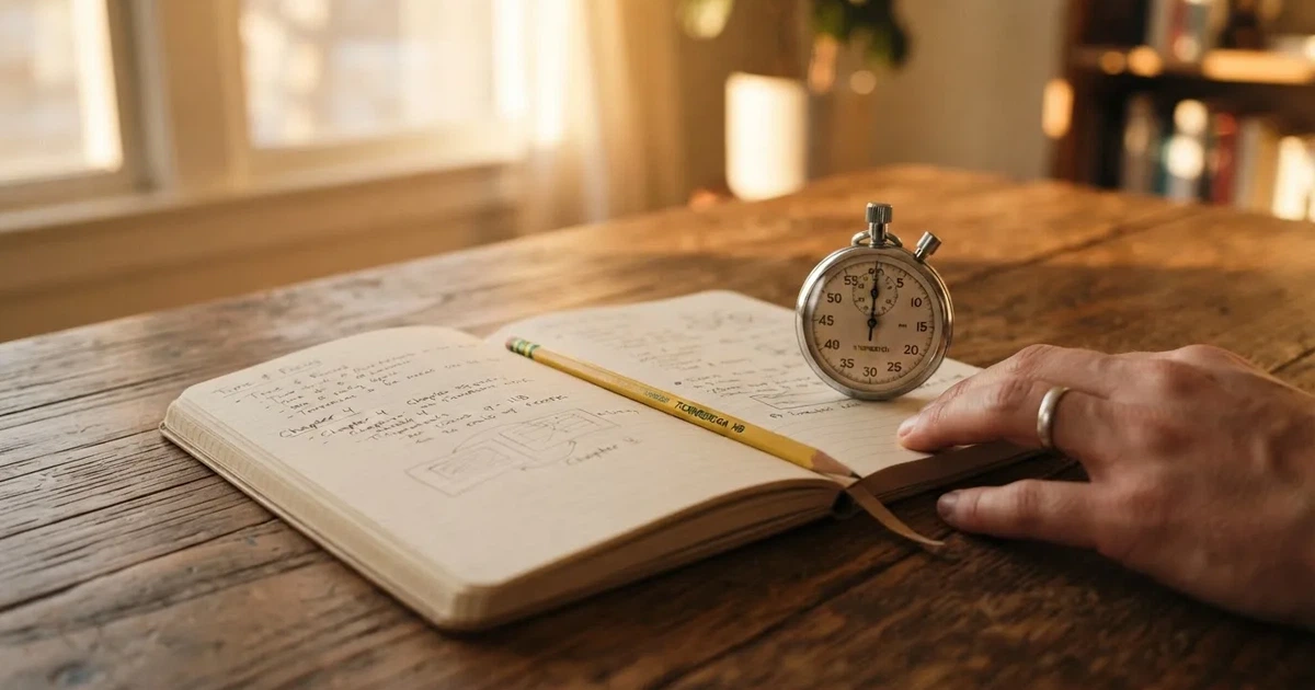 An open notebook with a pencil and a stopwatch on a wooden table