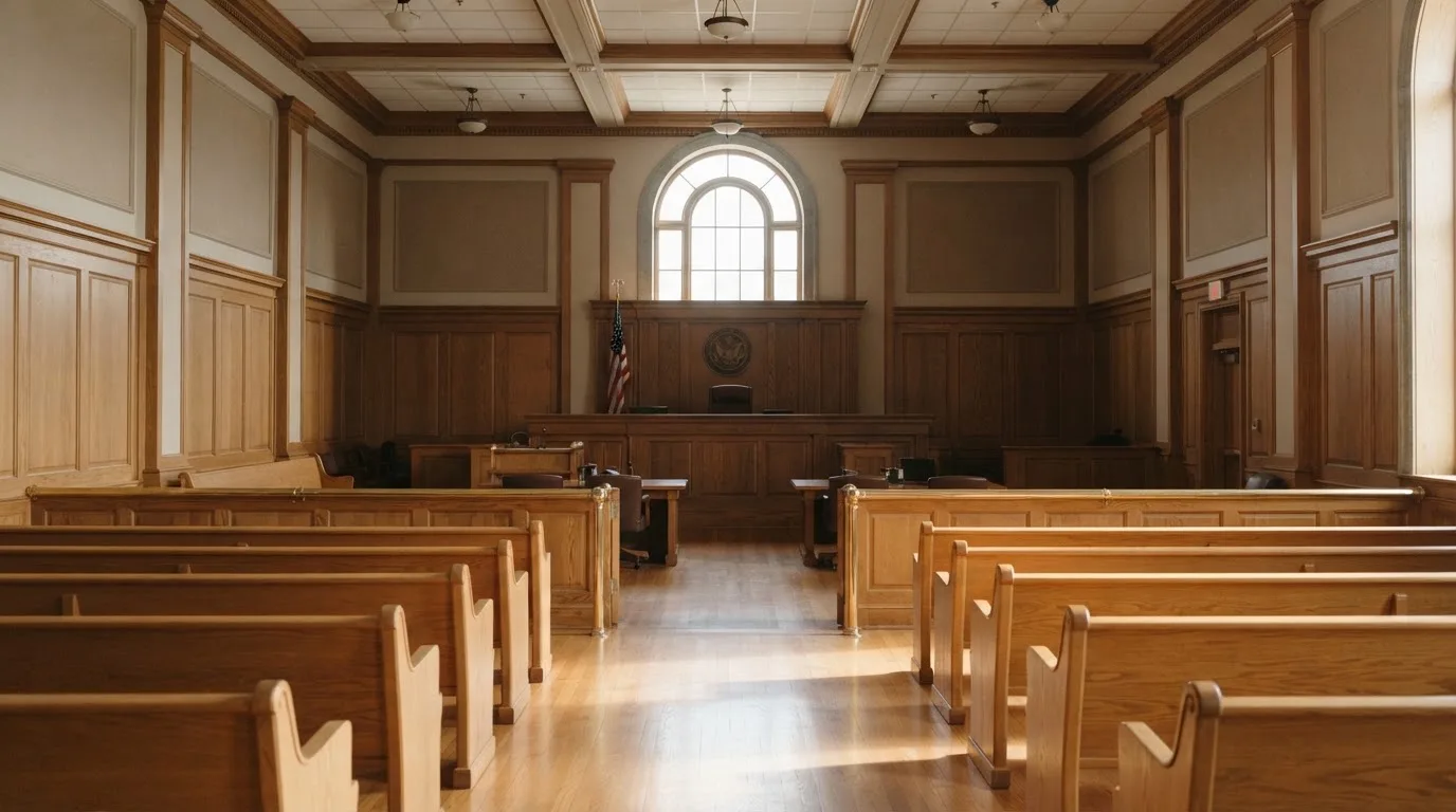 An empty courtroom with wooden benches in morning light