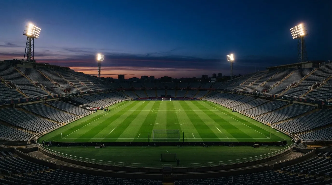 An empty football stadium with floodlight masts at dusk