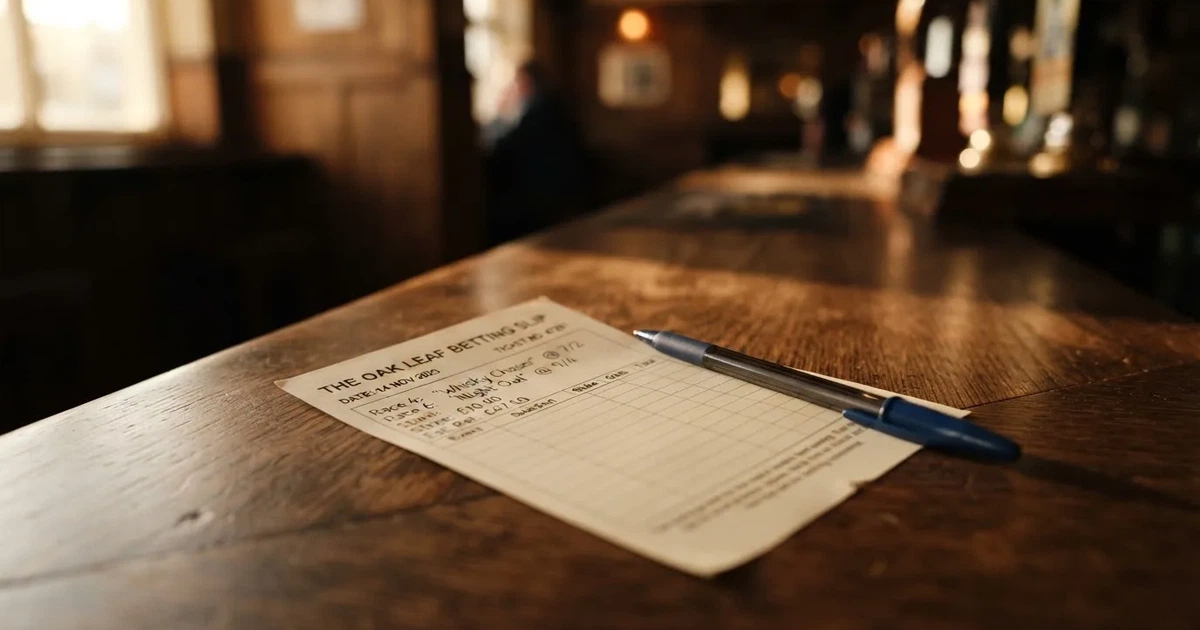 A blank paper betting slip beside a pen on a wooden counter