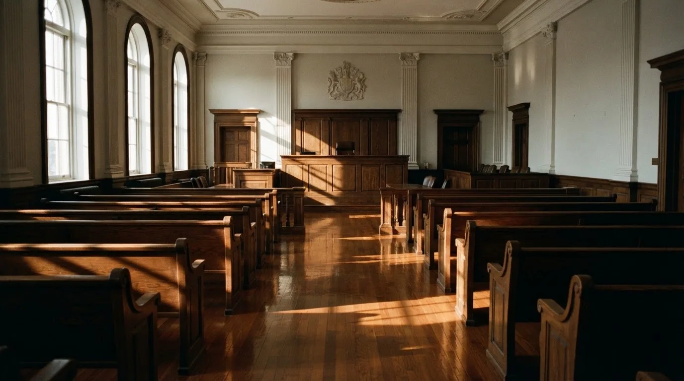 An empty courtroom with wooden benches in morning light
