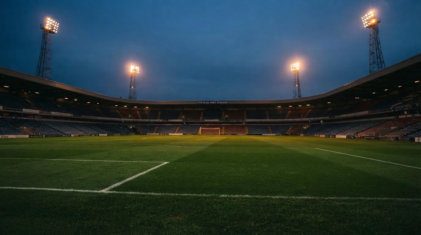An empty football stadium with floodlight masts at dusk
