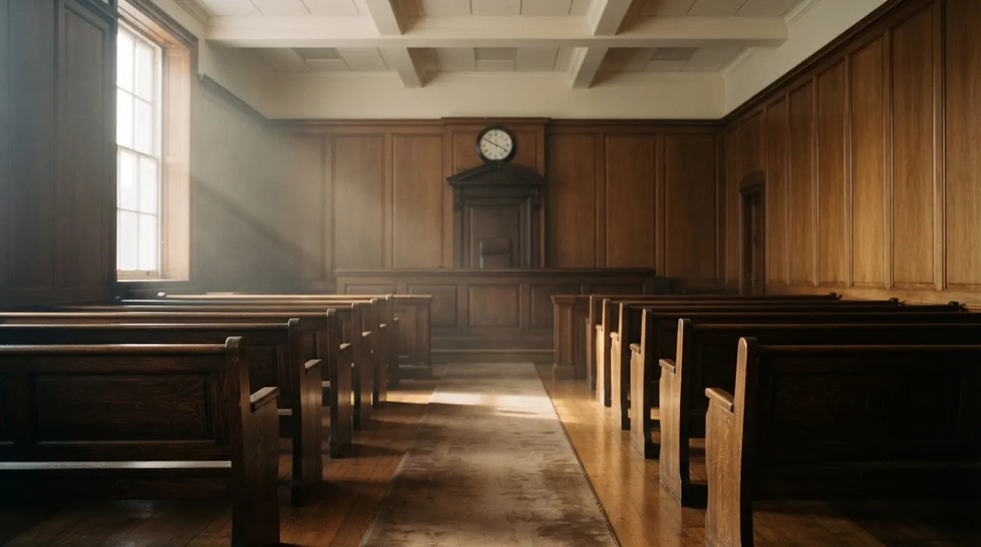 An empty courtroom with wooden benches in morning light