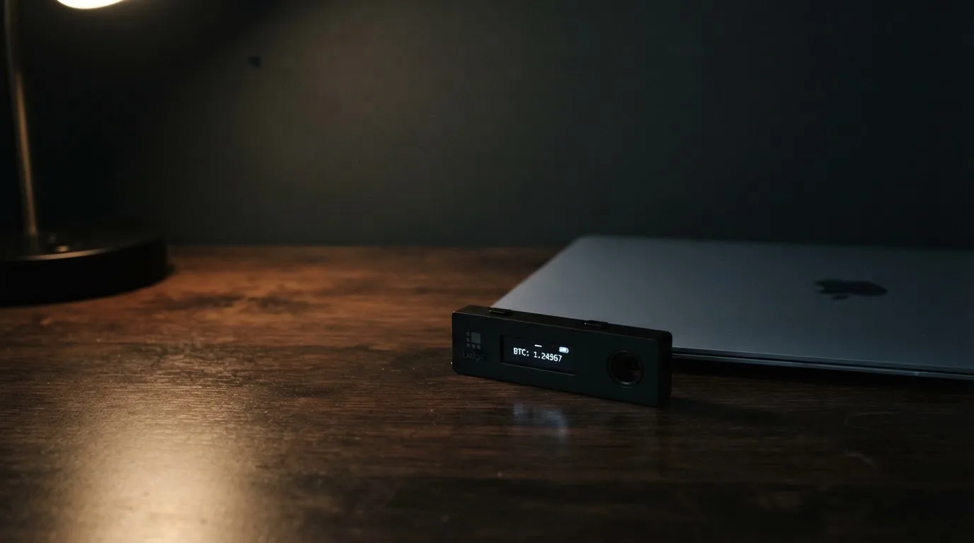 A hardware wallet and a closed laptop on a desk in dim light
