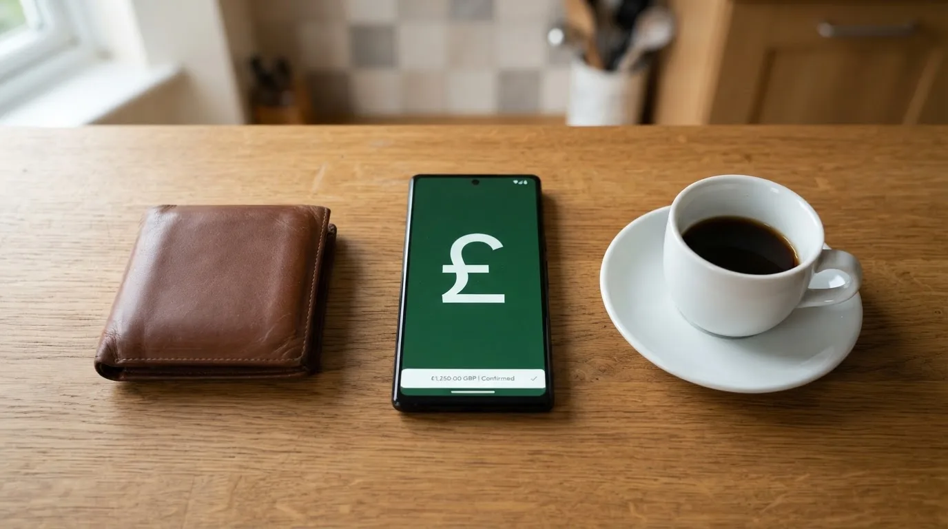 A smartphone on a wooden table beside a wallet and a coffee cup