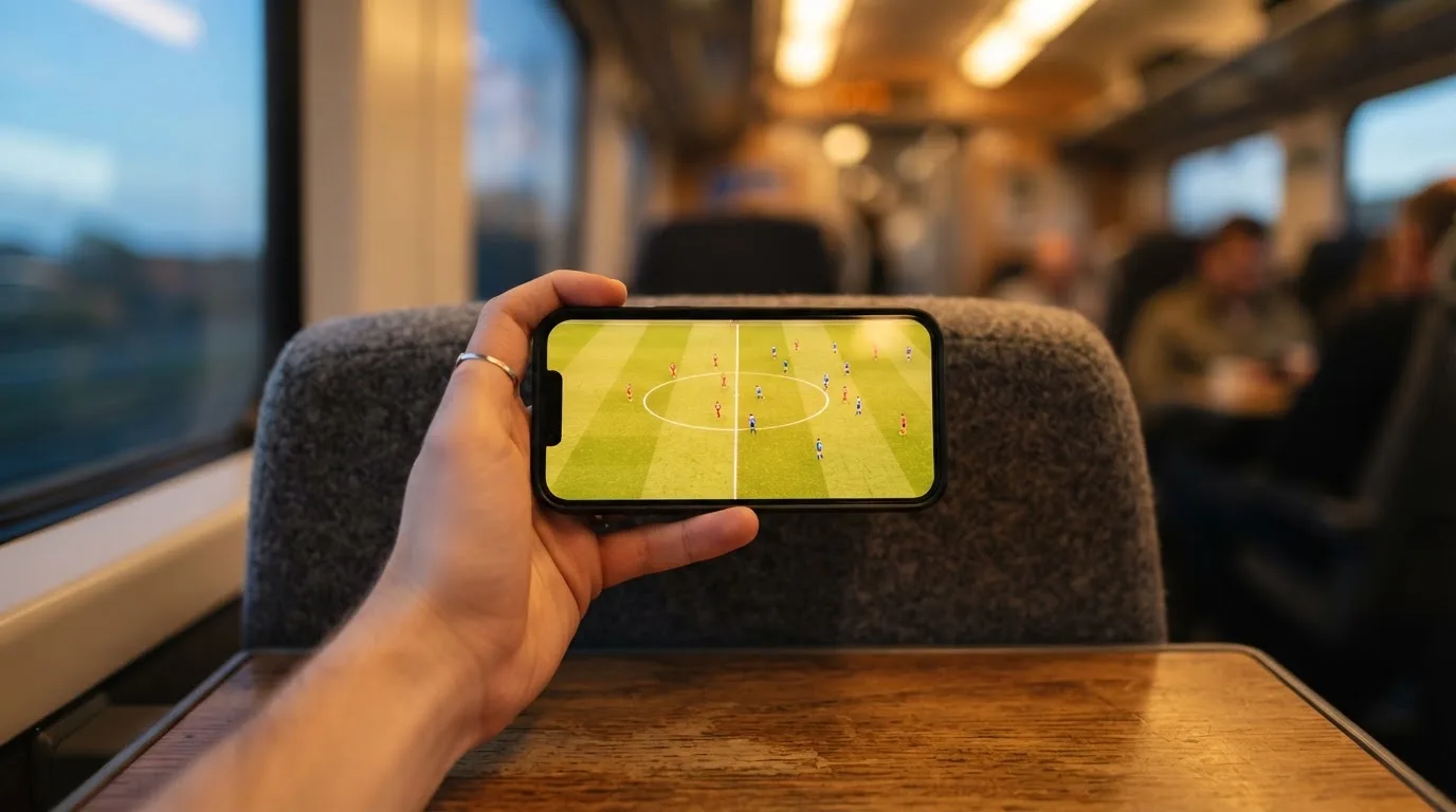 A hand holding a smartphone on a train in the evening, screen turned away