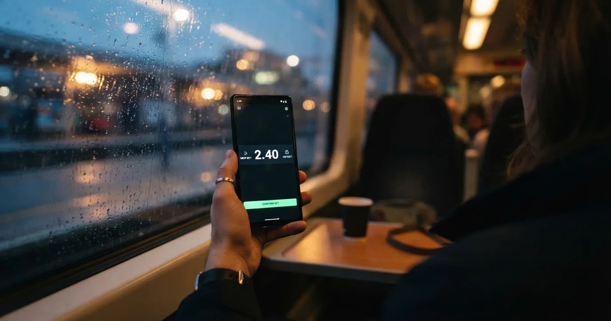 A hand holding a smartphone on a train in the evening, screen turned away