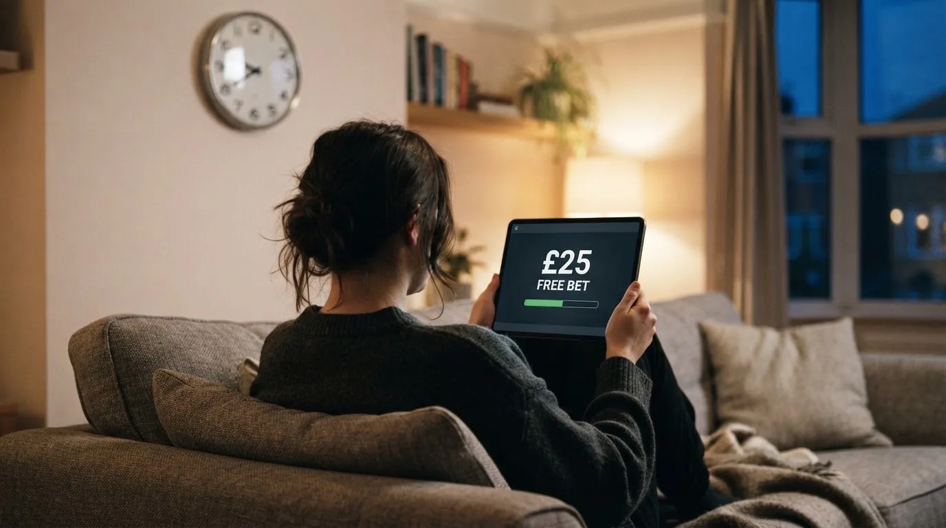 A person on a sofa looking thoughtfully at a tablet, a wall clock in the background