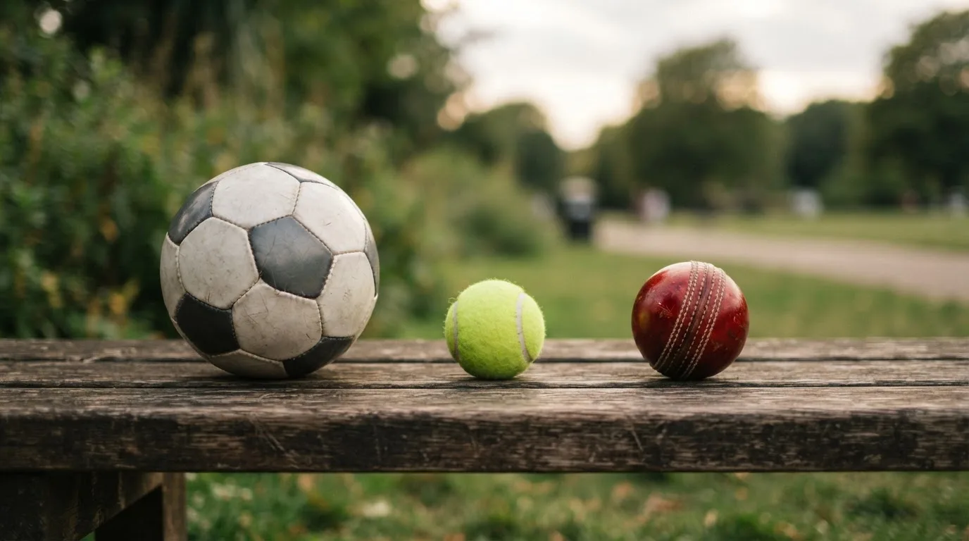 Three balls of different kinds side by side on a wooden bench