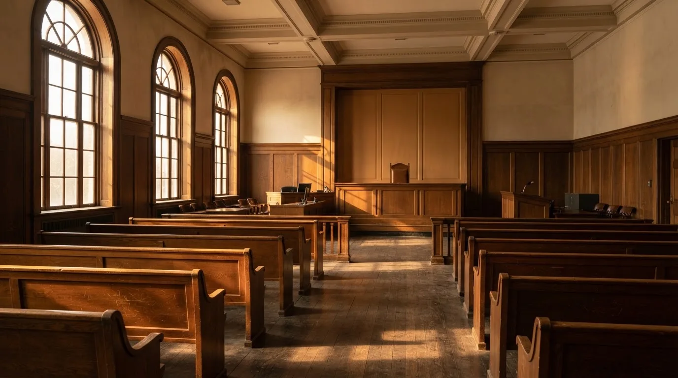 An empty courtroom with wooden benches in morning light