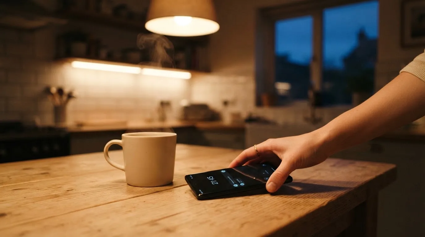 A hand setting a smartphone down beside a cup of tea on a kitchen table on a quiet evening