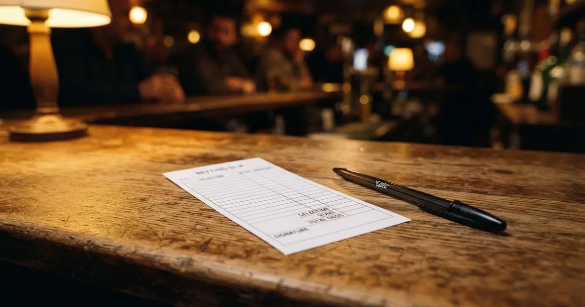 A blank paper betting slip beside a pen on a wooden counter