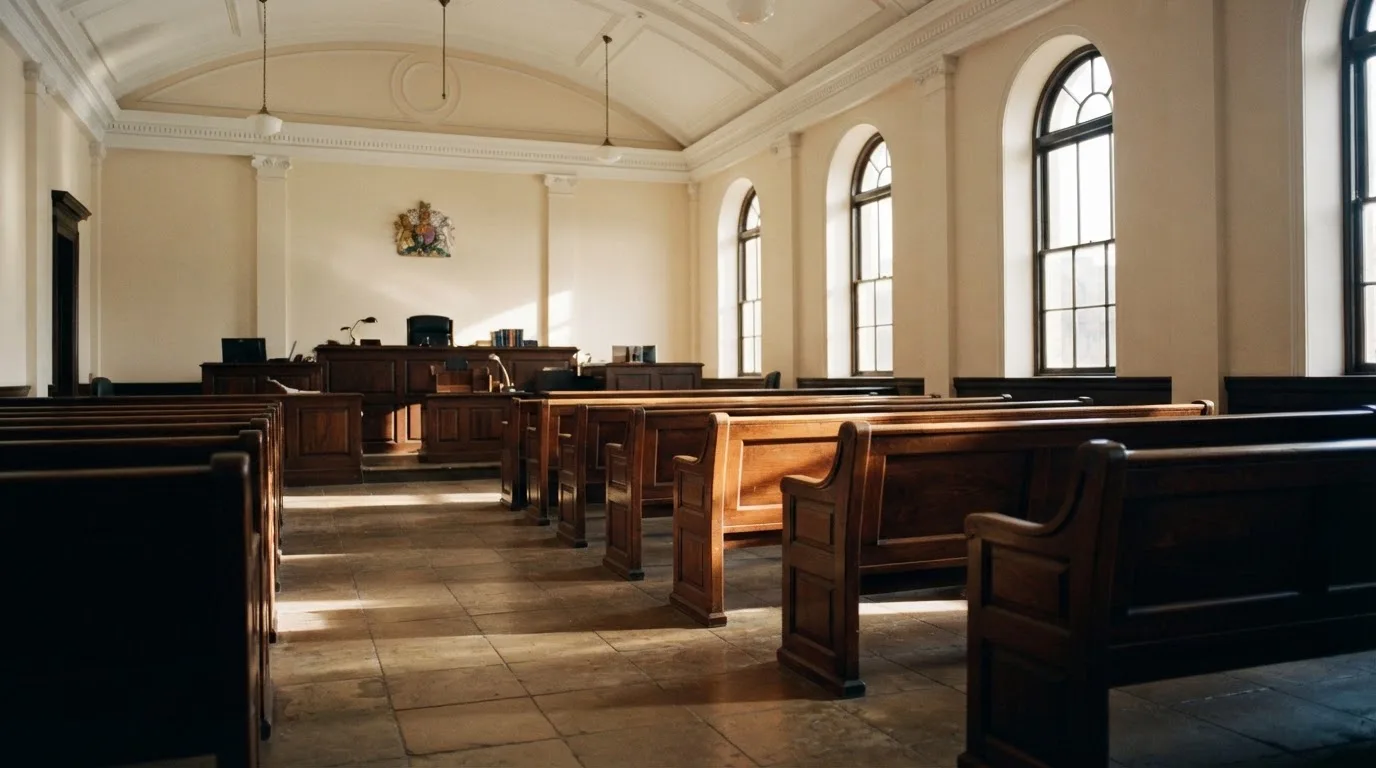 An empty courtroom with wooden benches in morning light
