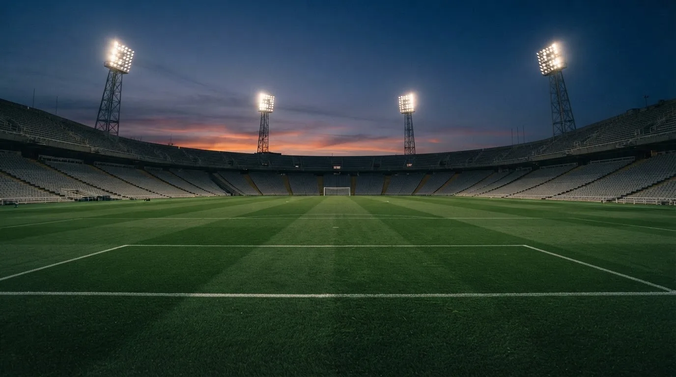An empty football stadium with floodlight masts at dusk