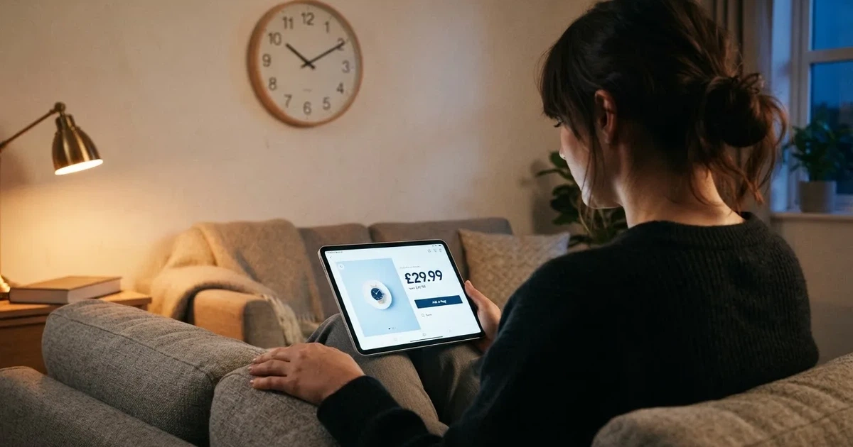 A person on a sofa looking thoughtfully at a tablet, a wall clock in the background