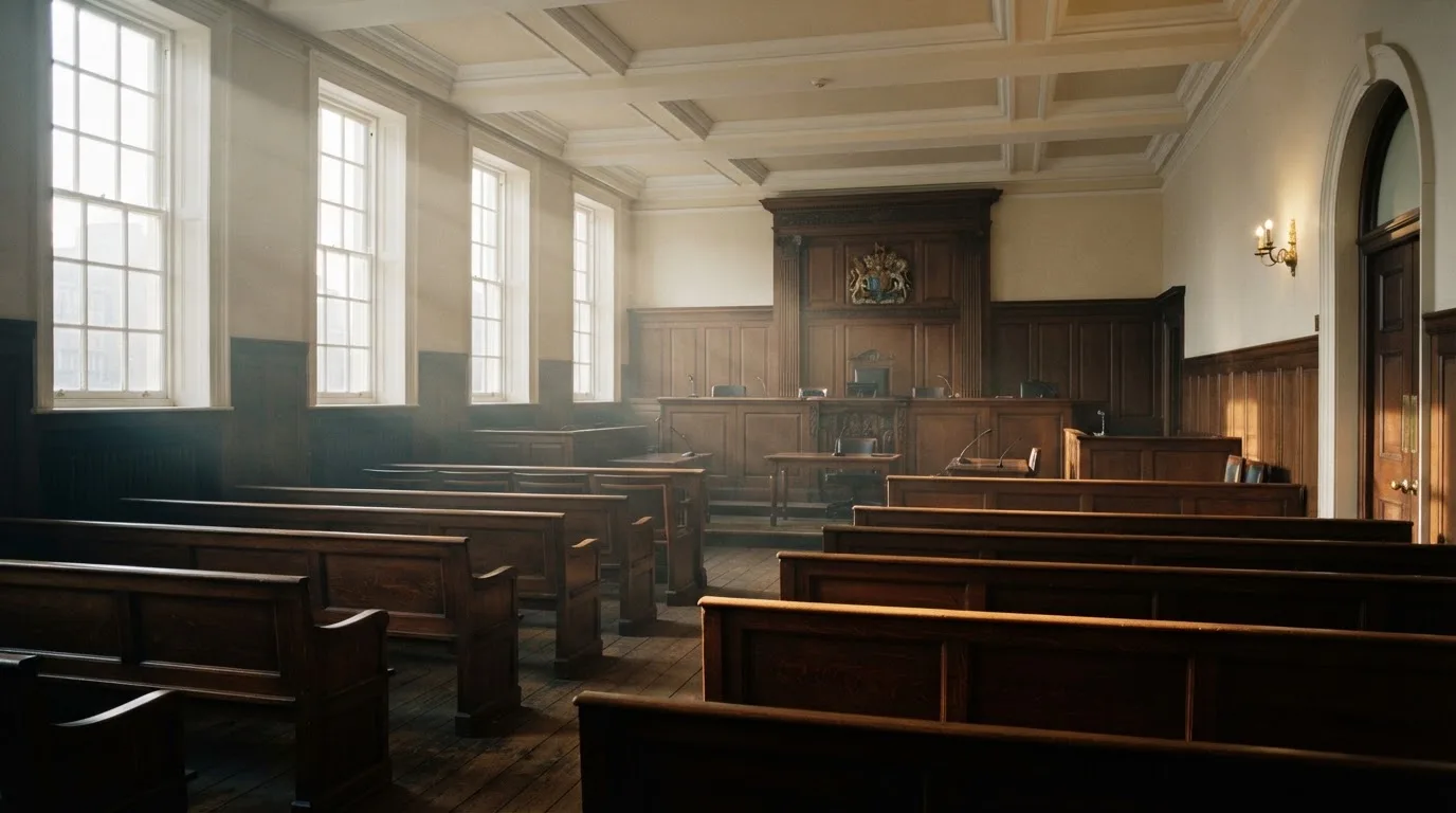 An empty courtroom with wooden benches in morning light