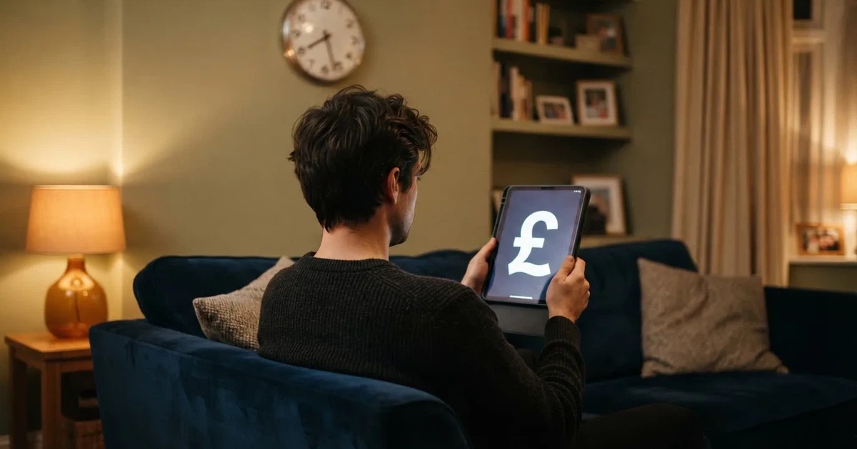 A person on a sofa looking thoughtfully at a tablet, a wall clock in the background