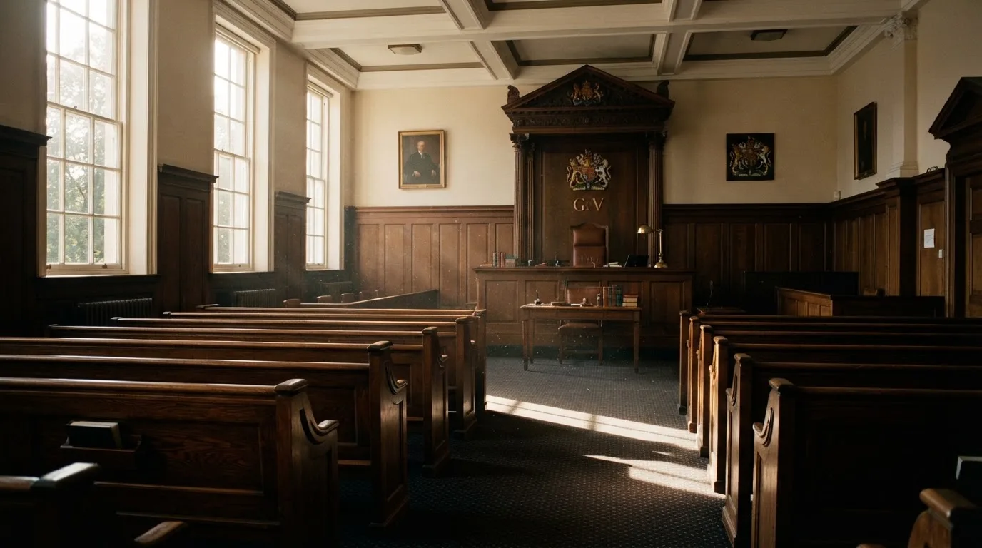 An empty courtroom with wooden benches in morning light
