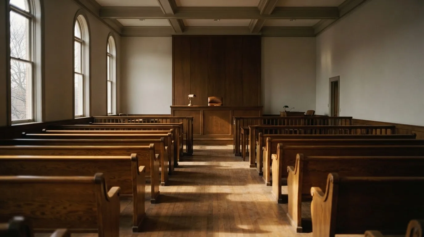An empty courtroom with wooden benches in morning light