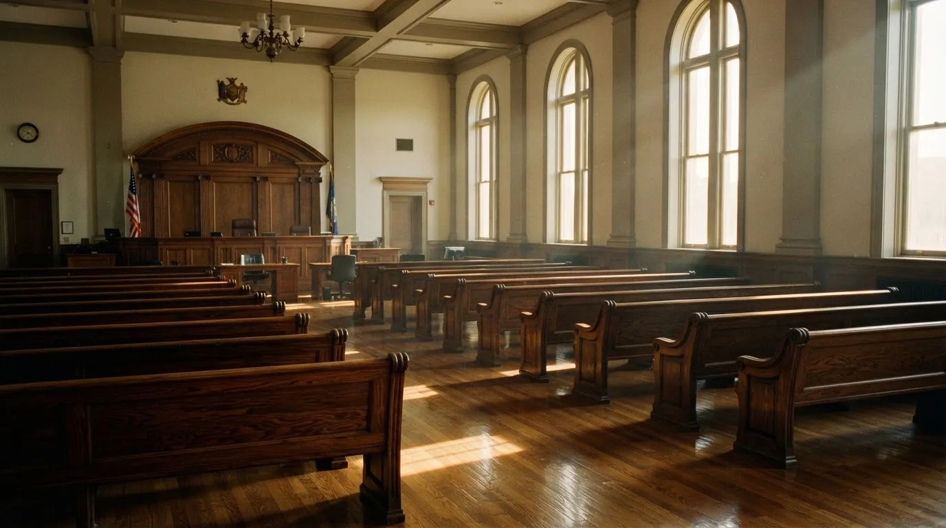 An empty courtroom with wooden benches in morning light
