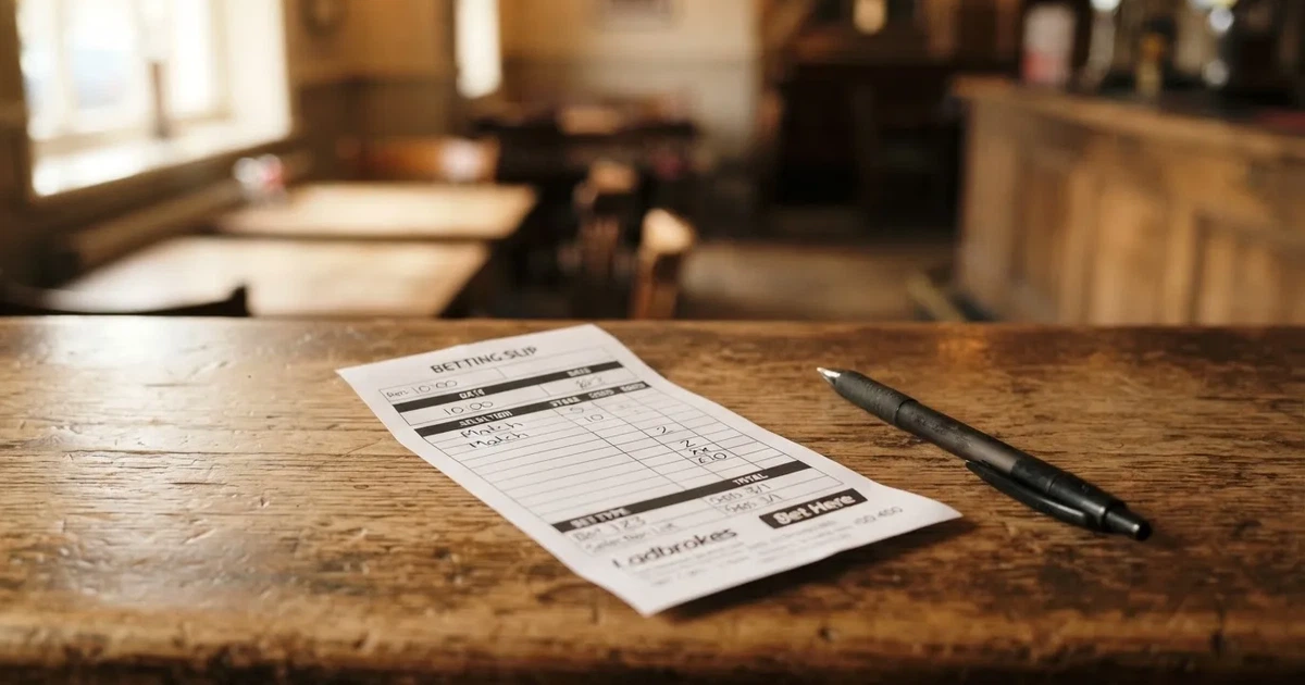 A blank paper betting slip beside a pen on a wooden counter