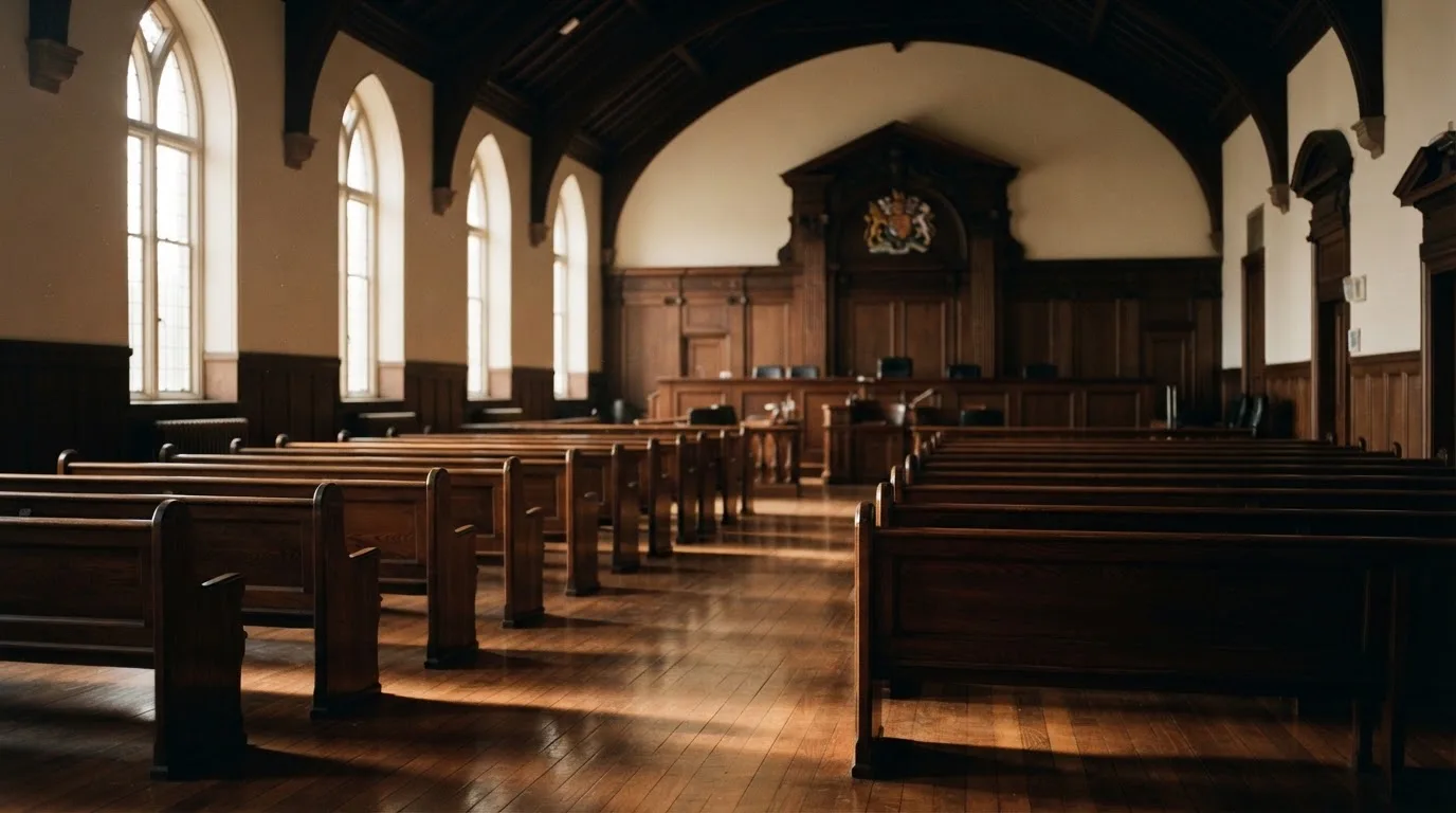 An empty courtroom with wooden benches in morning light